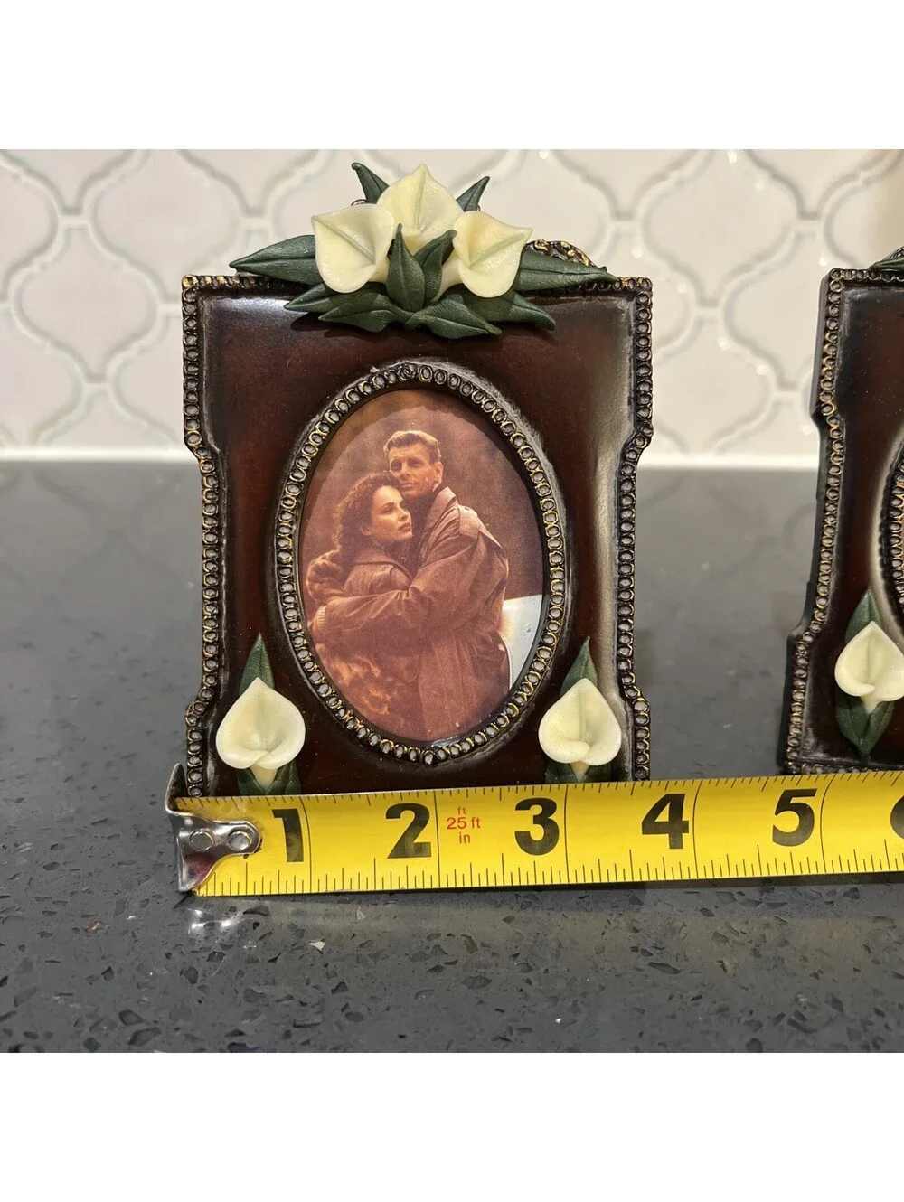 2 Brown And Gold Ornate Resin Picture Frames With Lilly Floral Detail